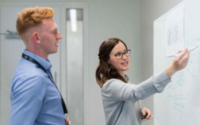 Collaboration at a whiteboard between colleagues